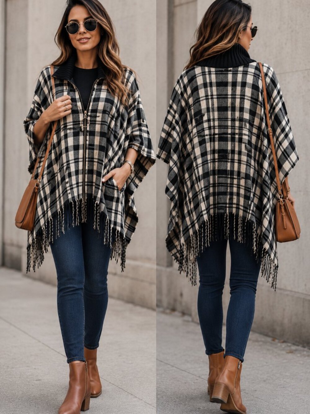 Modena Black White Plaid Zip Front Poncho Cape One Size